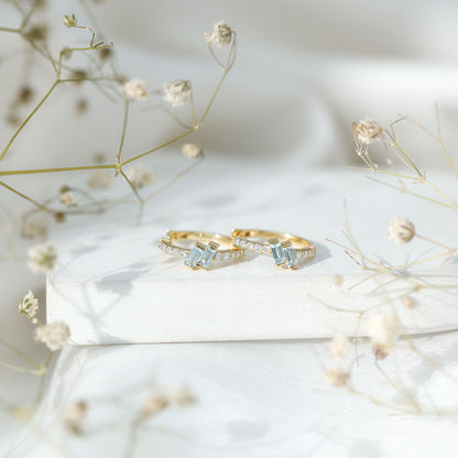 Natural Baguette Shape Sky Blue Topaz Diamond Hoop Earrings