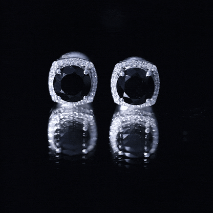 Vintage Black Onyx Stud Earrings with Diamond Halo