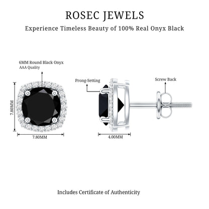 Vintage Black Onyx Stud Earrings with Diamond Halo