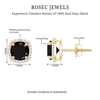 Vintage Black Onyx Stud Earrings with Diamond Halo