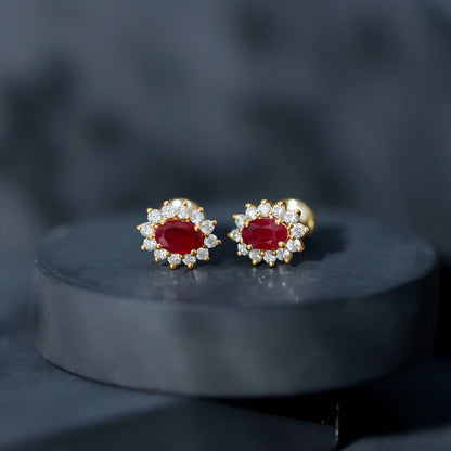 Genuine Oval Cut Ruby and Diamond Halo Stud Earrings