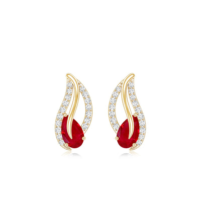 Natural 0.6 Carat Ruby Leaf Earrings with Diamond for Women