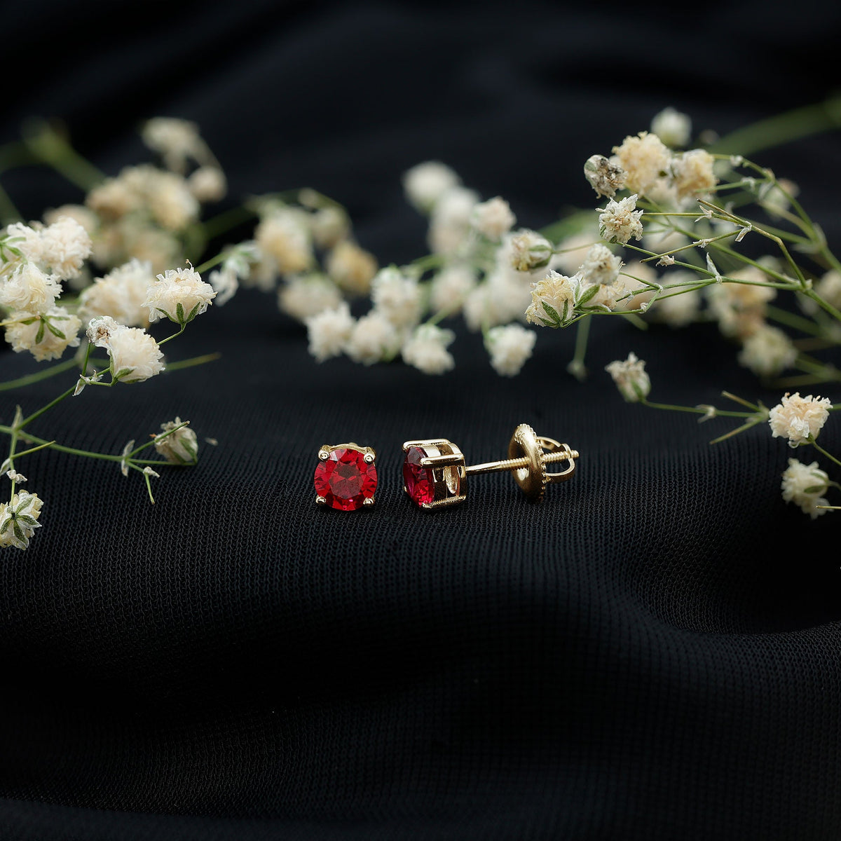 Round Shape Lab Grown Ruby Solitaire Stud Earrings