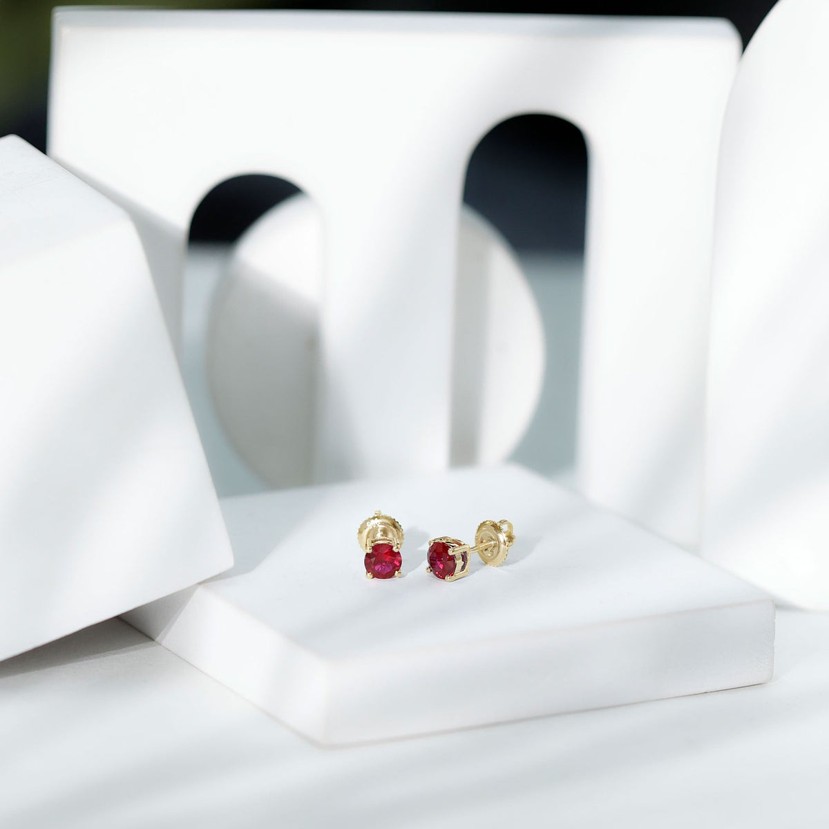 Round Shape Lab Grown Ruby Solitaire Stud Earrings