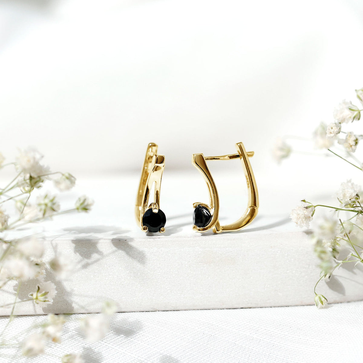 Natural Black Onyx J Hoop Earrings with Latch Back