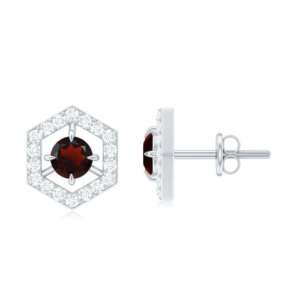 0.6 Carat Minimal Garnet and Diamond Geometric Stud Earrings