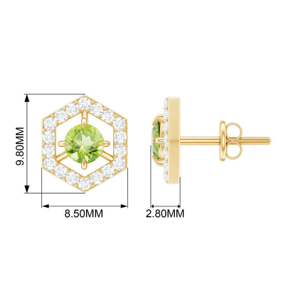 1 Carat Genuine Peridot and Diamond Geometric Stud Earrings