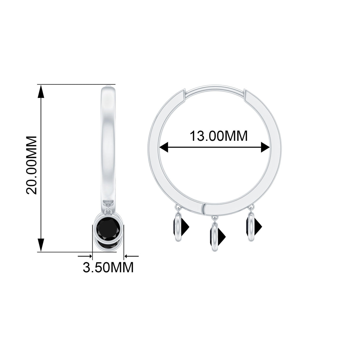 Three Stone Created Black Diamond Hoop Drop Earrings in Bezel Setting