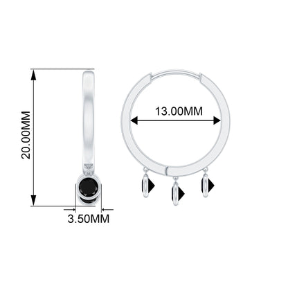Three Stone Created Black Diamond Hoop Drop Earrings in Bezel Setting
