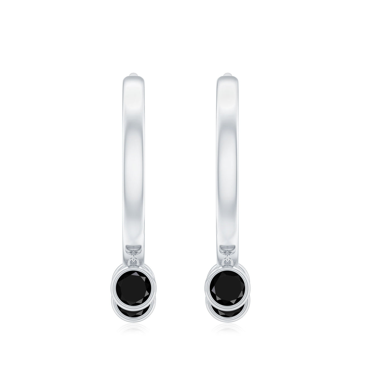 Three Stone Created Black Diamond Hoop Drop Earrings in Bezel Setting