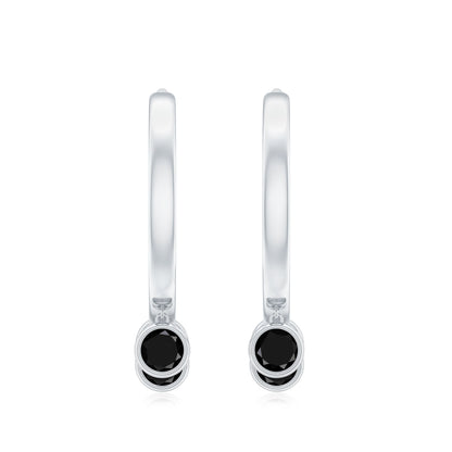 Three Stone Created Black Diamond Hoop Drop Earrings in Bezel Setting