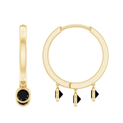 Three Stone Created Black Diamond Hoop Drop Earrings in Bezel Setting