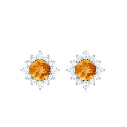 1 CT Classic Citrine Stud Earrings with Diamond Halo