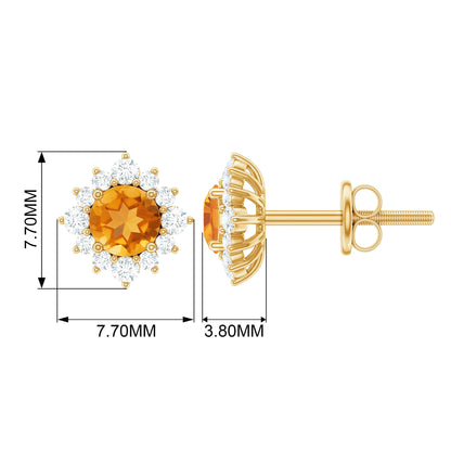1 CT Classic Citrine Stud Earrings with Diamond Halo