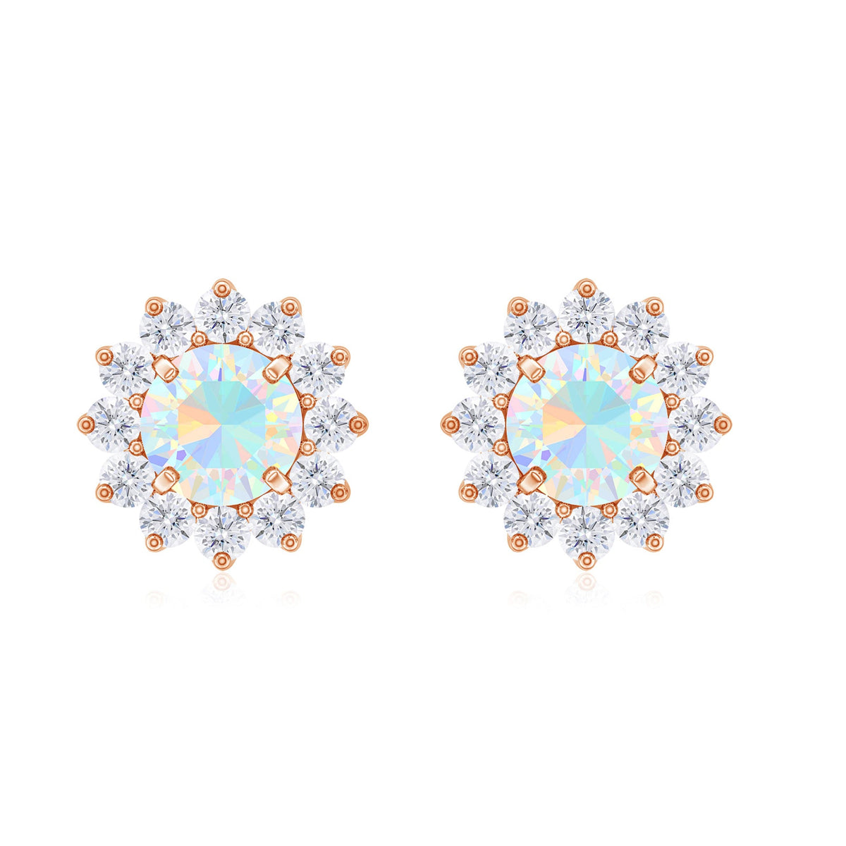 Real Ethiopian Opal Flower Stud Earrings with Diamond Halo