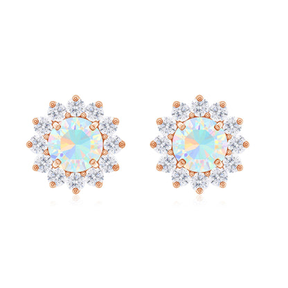 Real Ethiopian Opal Flower Stud Earrings with Diamond Halo