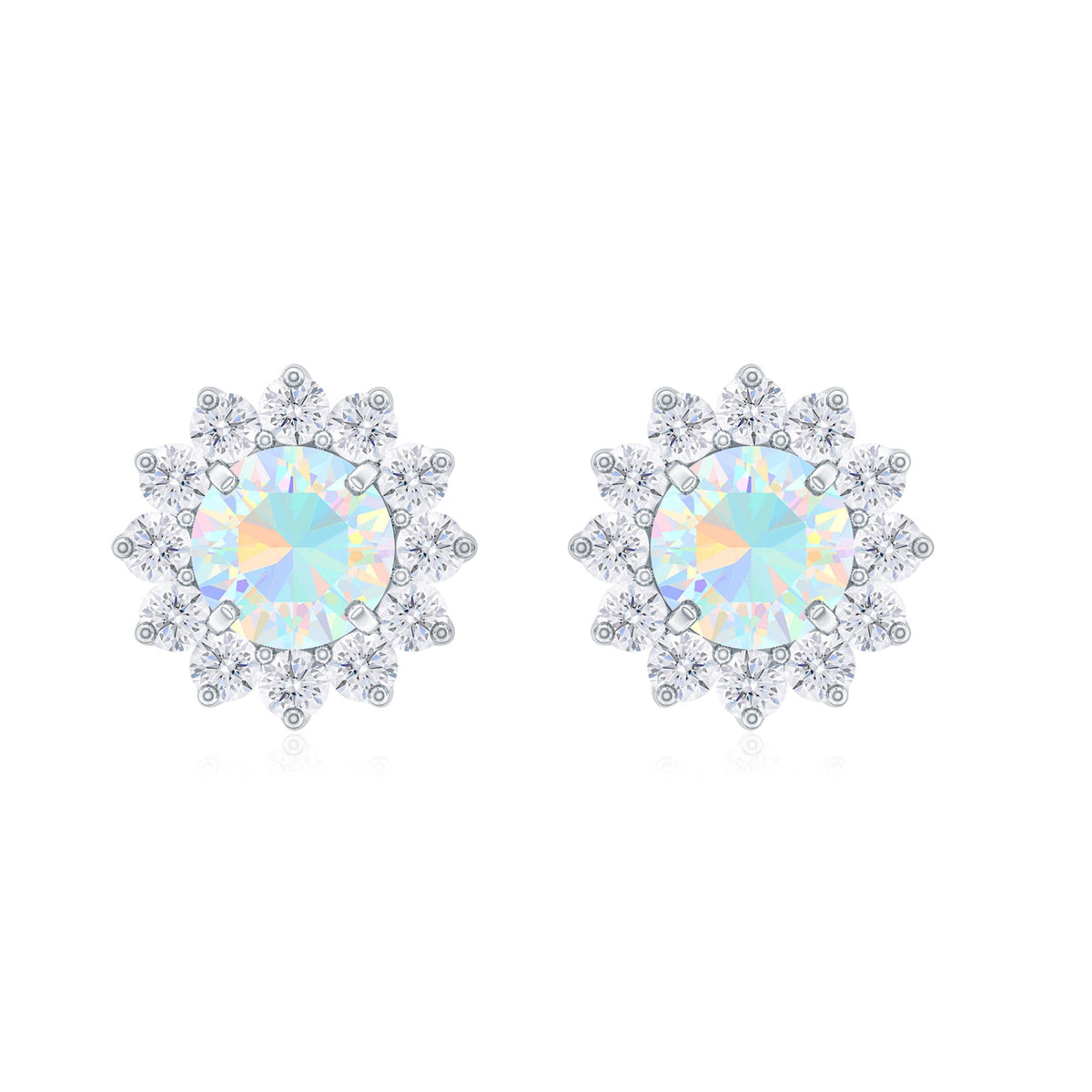 Real Ethiopian Opal Flower Stud Earrings with Diamond Halo
