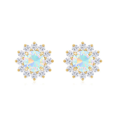 Real Ethiopian Opal Flower Stud Earrings with Diamond Halo