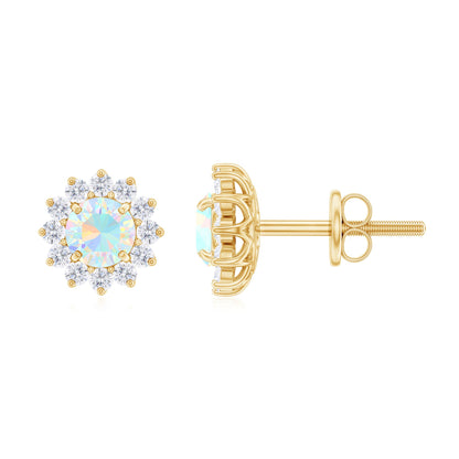 Real Ethiopian Opal Flower Stud Earrings with Diamond Halo