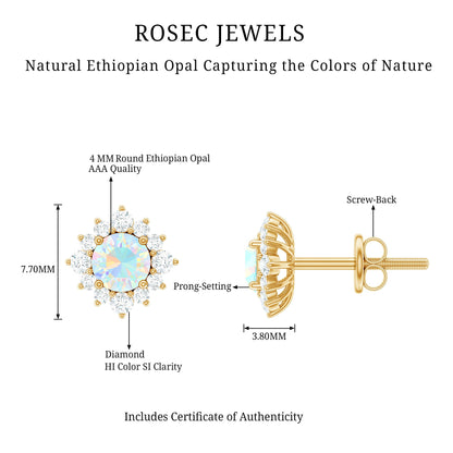 Classic Ethiopian Opal Stud Earrings with Diamond Halo
