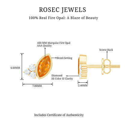 Marquise Cut Fire Opal Stud Earrings with Diamond Trio