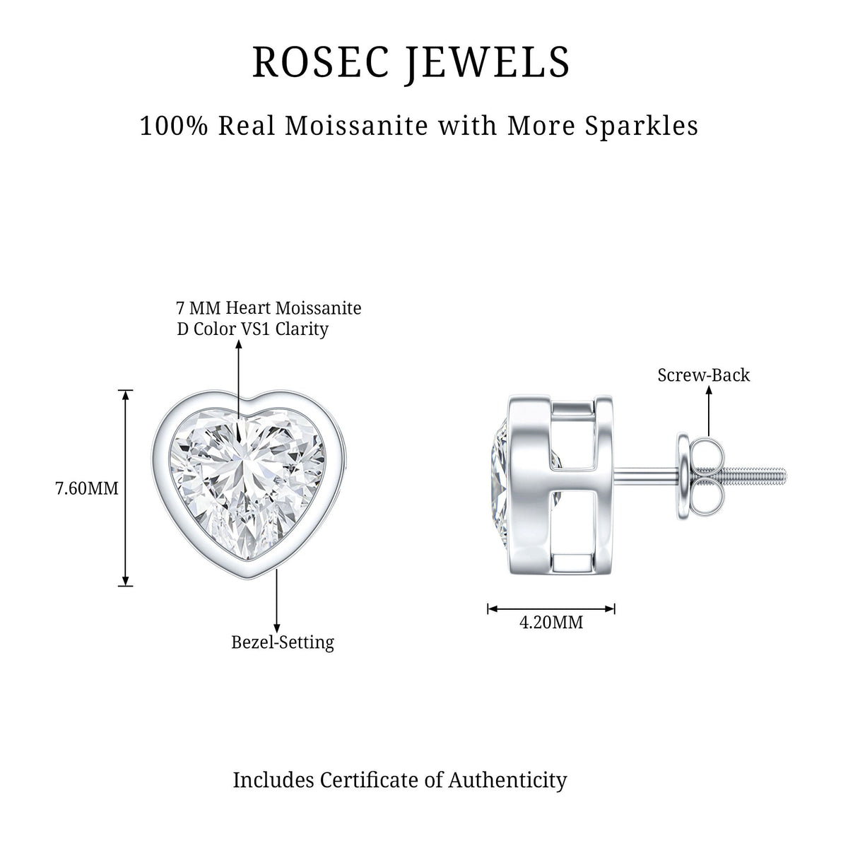 3 Carat Moissanite Heart Stud Earrings in Bezel Setting