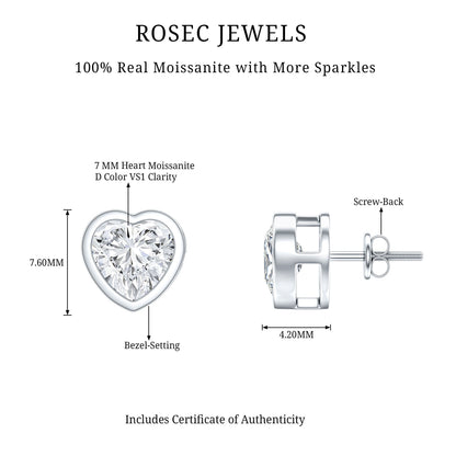 3 Carat Moissanite Heart Stud Earrings in Bezel Setting