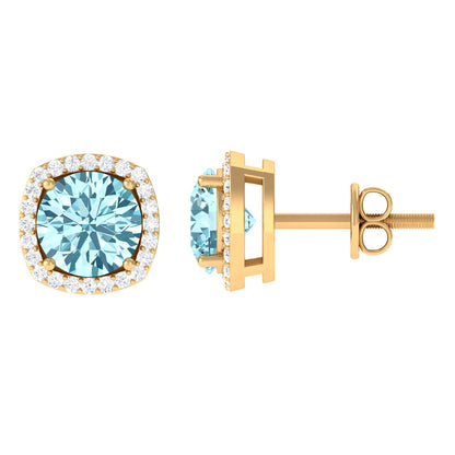 Natural Aquamarine Bridal Stud Earrings with Diamond Halo
