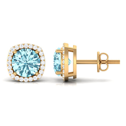 Natural Aquamarine Bridal Stud Earrings with Diamond Halo