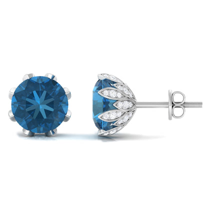 4 CT London Blue Topaz and Diamond Bridal Stud Earrings