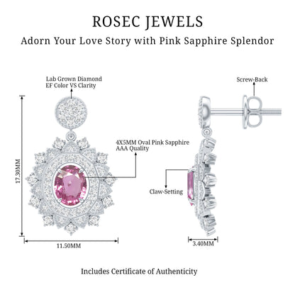 Genuine Pink Sapphire and Diamond Bridal Dangle Earrings