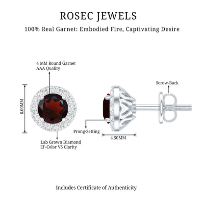 Genuine Garnet Stud Earrings with Lab Grown Diamond Halo