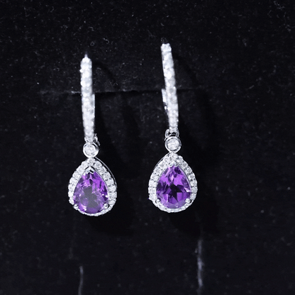 2 Carat Pear Cut Amethyst Hoop Drop Earrings with Diamond Halo
