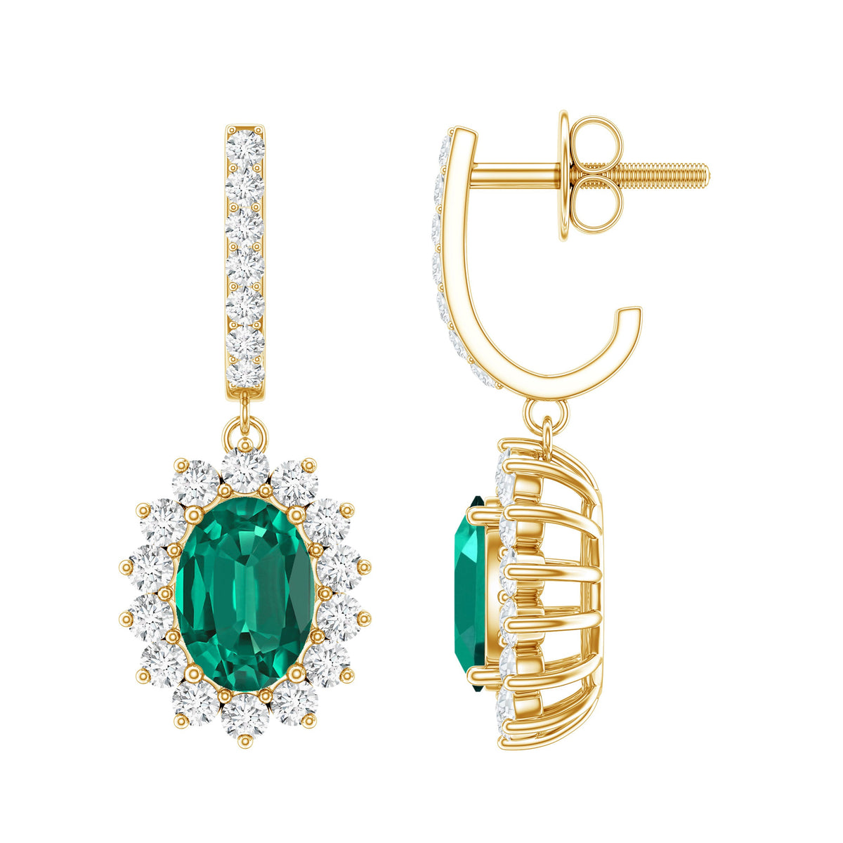 1.7 Carat Oval Shape Lab Grown Emerald Drop Earrings with Diamond