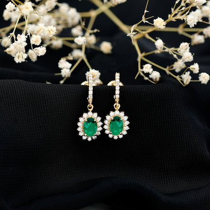 1.7 Carat Oval Shape Lab Grown Emerald Drop Earrings with Diamond