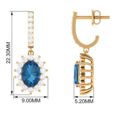 Natural 2.2 Carat London Blue Topaz Drop Earrings with Diamond Halo