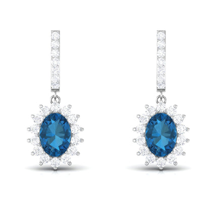 Natural 2.2 Carat London Blue Topaz Drop Earrings with Diamond Halo