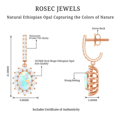 Genuine Ethiopian Opal and Moissanite Hoop Drop Earrings