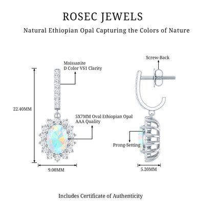 Genuine Ethiopian Opal and Moissanite Hoop Drop Earrings