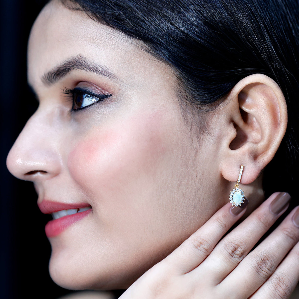 Genuine Ethiopian Opal and Moissanite Hoop Drop Earrings