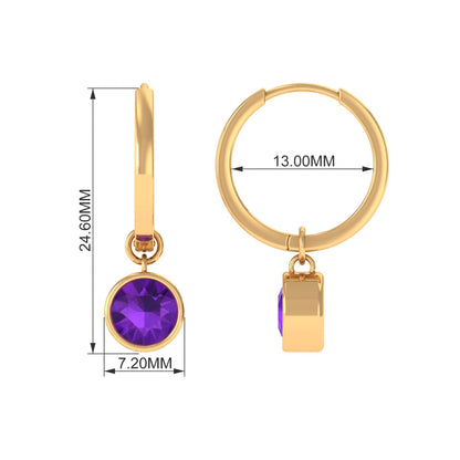 Certified Natural Amethyst Hoop Drop Earrings in Bezel Setting
