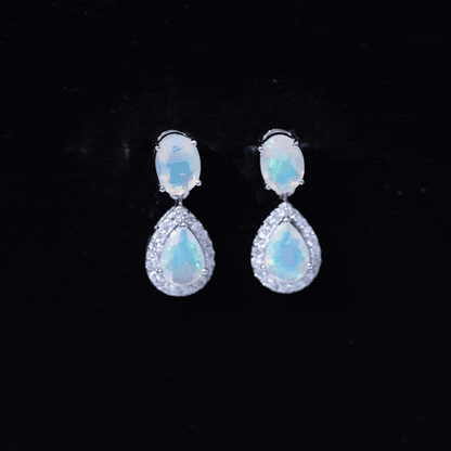 Genuine 1.8 Carat Ethiopian Opal Drop Dangle Earrings with Diamond Halo