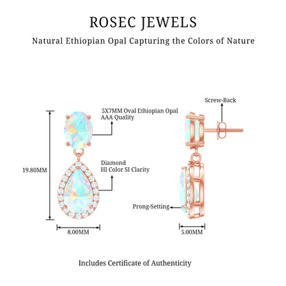 Genuine 1.8 Carat Ethiopian Opal Drop Dangle Earrings with Diamond Halo