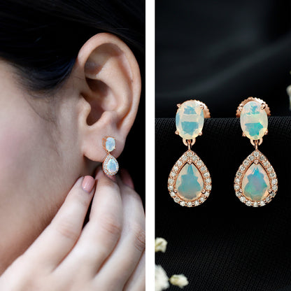 Genuine 1.8 Carat Ethiopian Opal Drop Dangle Earrings with Diamond Halo