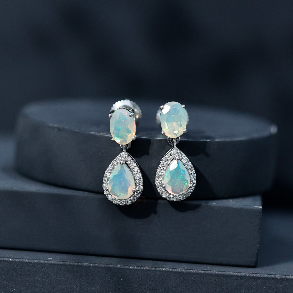 Genuine 1.8 Carat Ethiopian Opal Drop Dangle Earrings with Diamond Halo
