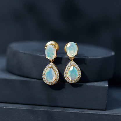 Genuine 1.8 Carat Ethiopian Opal Drop Dangle Earrings with Diamond Halo