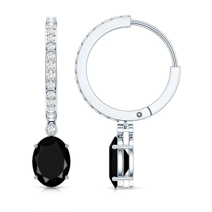 Natural 2.2 Carat Oval Black Onyx Hoop Drop Earrings with Diamond