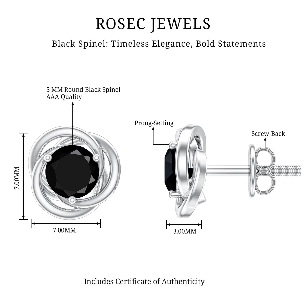 0.9 Carat Black Spinel Swirl Stud Earrings with Screw Backs