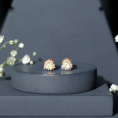 1.5 Carat Natural Ethiopian Opal Heart Earrings with Diamond Halo