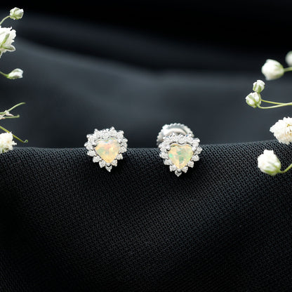 1.5 Carat Natural Ethiopian Opal Heart Earrings with Diamond Halo